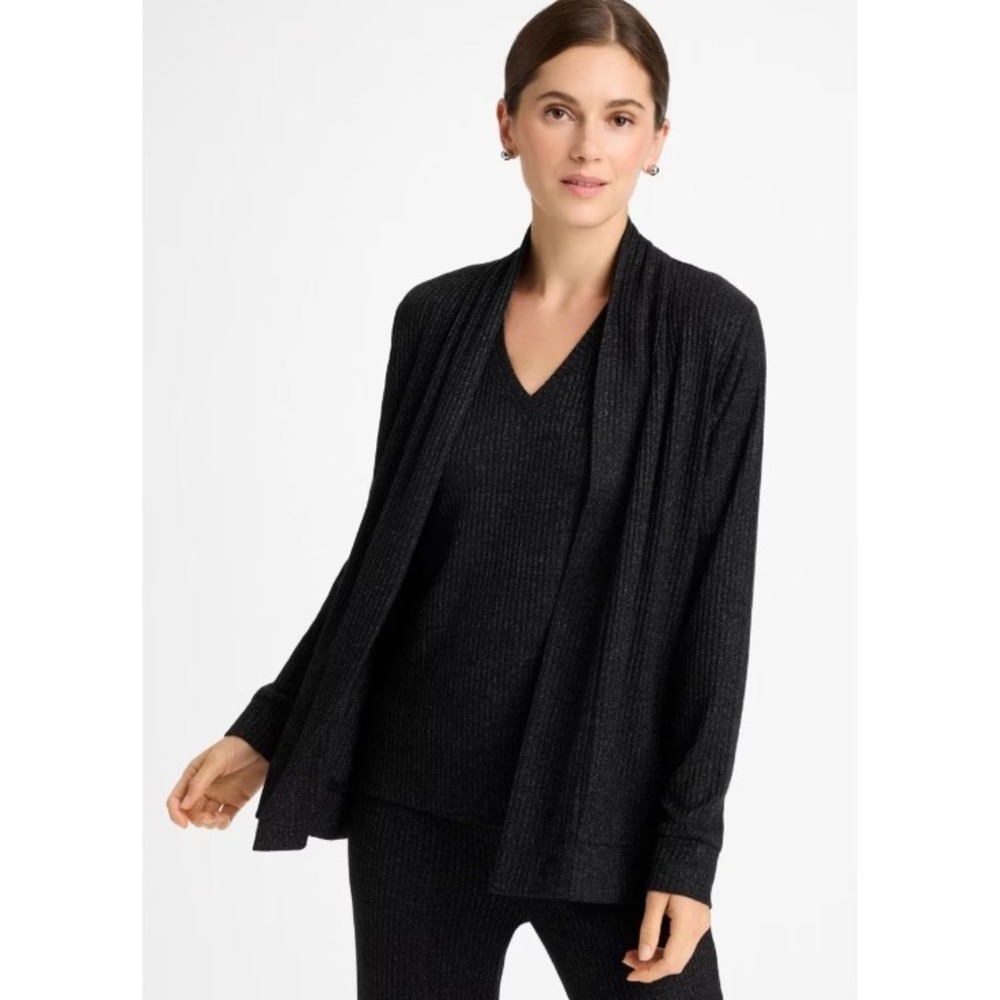Chicos Zenergy Textured Hooded Cardigan Jacket Women 1 Black Open Front Knit New